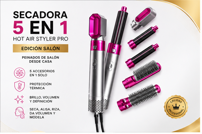 Secadora de Pelo 5 en 1 — Seca, Alisa y Riza en Minutos + Shampoo de Regalo 🎁